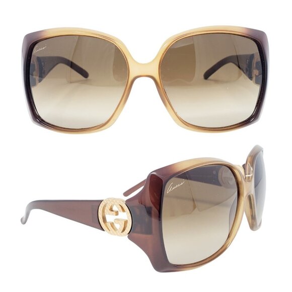 Gucci Sunglasses GG Logo Gold Tone Diamond Cut Oversize Square Brown Acetate - Picture 1 of 9